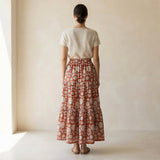 Red Circle Flowers Block Print Cotton Elasticated Maxi Tier Skirt