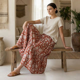 Red Circle Flowers Block Print Cotton Elasticated Maxi Tier Skirt