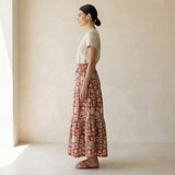 Red Circle Flowers Block Print Cotton Elasticated Maxi Tier Skirt