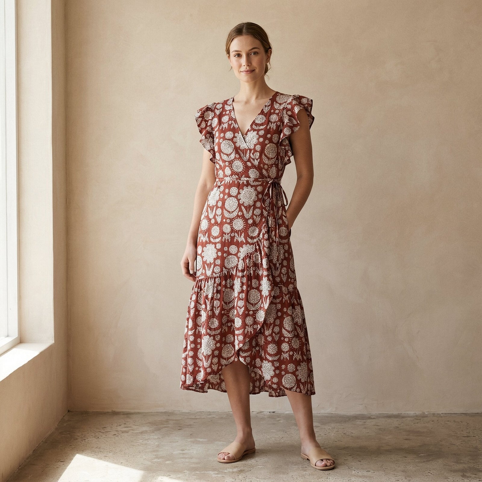 red floral midi wrap dress Red Circle Flowers Block Print Cotton Ruffle Midi Wrap Dress 36