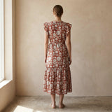 Red Circle Flowers Block Print Cotton Ruffle Midi Wrap Dress