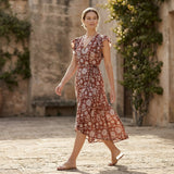 Red Circle Flowers Block Print Cotton Ruffle Midi Wrap Dress
