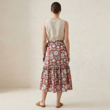 Red Circle Flowers Block Print Cotton Ruffle Midi Wrap Skirt