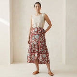 Red Circle Flowers Block Print Cotton Ruffle Midi Wrap Skirt