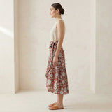 Red Circle Flowers Block Print Cotton Ruffle Midi Wrap Skirt