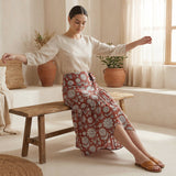 Red Circle Flowers Block Print Cotton Ruffle Midi Wrap Skirt