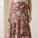 Red Circle Flowers Block Print Cotton Ruffle Midi Wrap Skirt