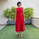 Red Cotton A-Line Sleeveless Midi Wrap Dress