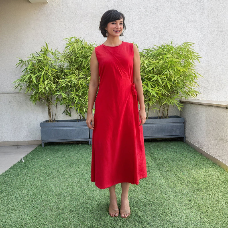 Red Cotton A-Line Sleeveless Midi Wrap Dress
