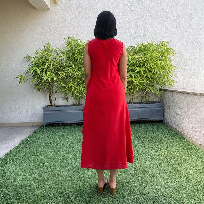 Red Cotton A-Line Sleeveless Midi Wrap Dress