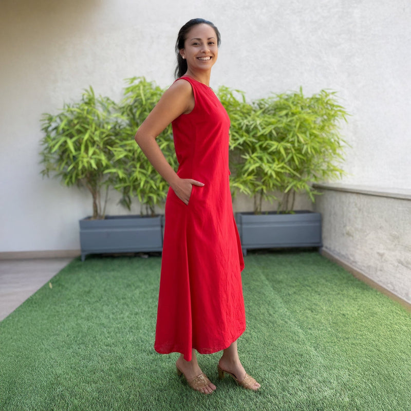 Red Cotton A-Line Sleeveless Midi Wrap Dress