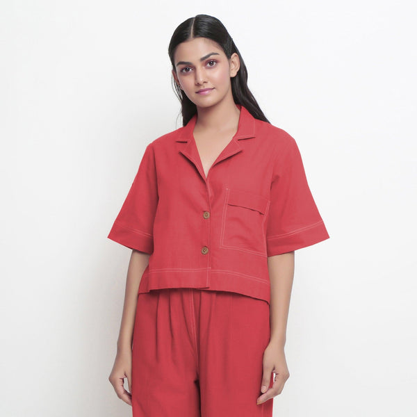 Front View of a Model wearing Red Vegetable Dyed Handspun Cotton Shirt