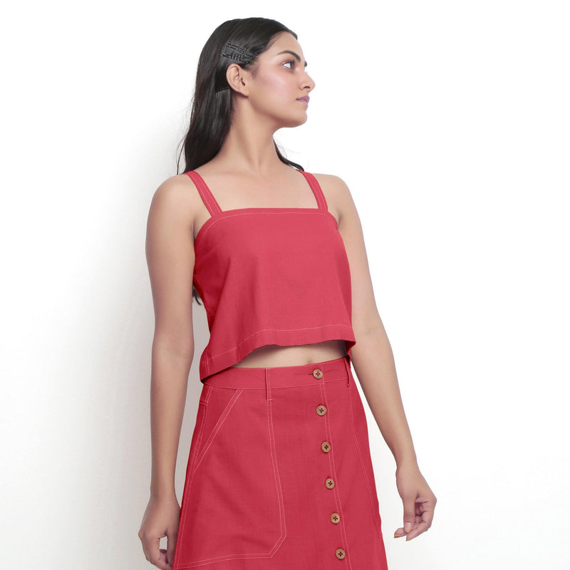 Front Detail of a Model wearing Red Spaghetti Top and Mid-Rise Skirt Set