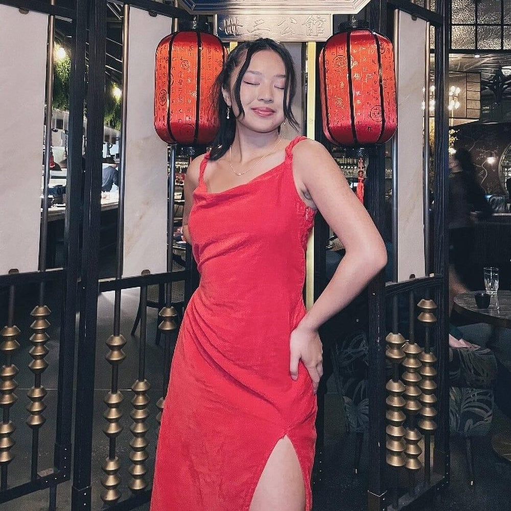strapless open back dress LADY IN RED COWL NECK MIDI DRESS – AKIRA main image 0