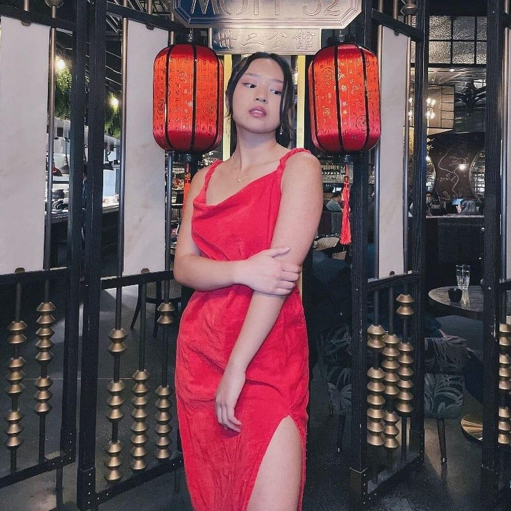 Red Cotton Velvet Cowl Neck Midi Slip Dress 44