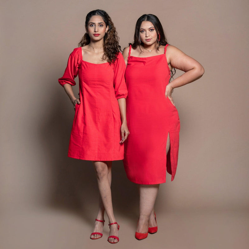 Front View of a Model wearing Red Cotton Velvet Cowl Neck Slip Dress