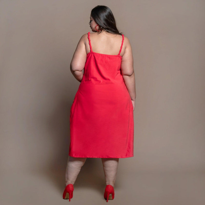 Back View of a Model wearing Red Cotton Velvet Cowl Neck Slip Dress