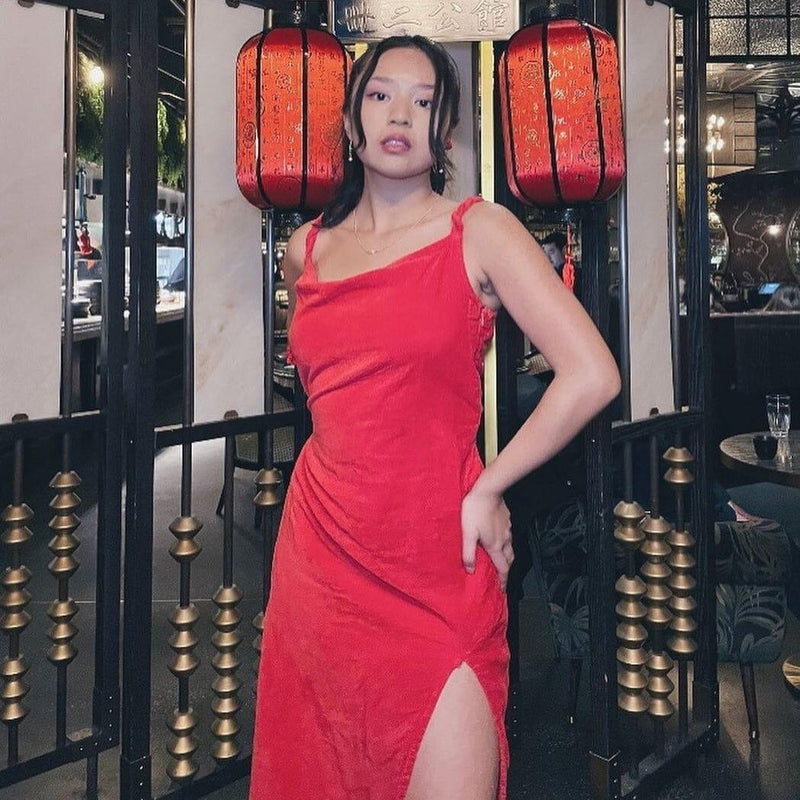 Red Cotton Velvet Cowl Neck Midi Slip Dress 44 Red Cotton Velvet Cowl Neck Midi Slip Dress 44