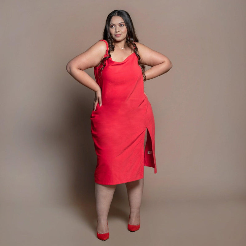 Front View of a Model wearing Red Cotton Velvet Cowl Neck Slip Dress