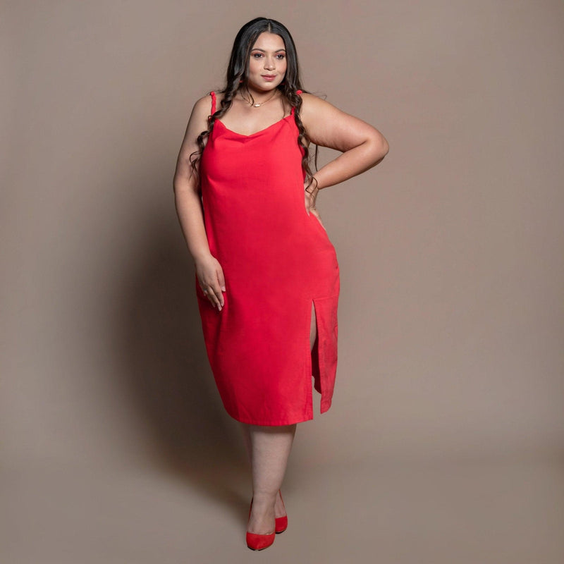 Front View of a Model wearing Red Cotton Velvet Cowl Neck Slip Dress