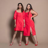 Front View of a Model wearing Red Cotton Velvet Sweetheart Neck Short Paneled Dress