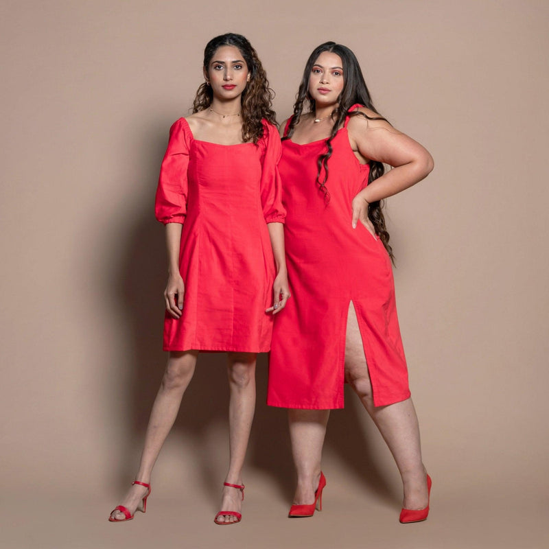 Front View of a Model wearing Red Cotton Velvet Sweetheart Neck Short Paneled Dress