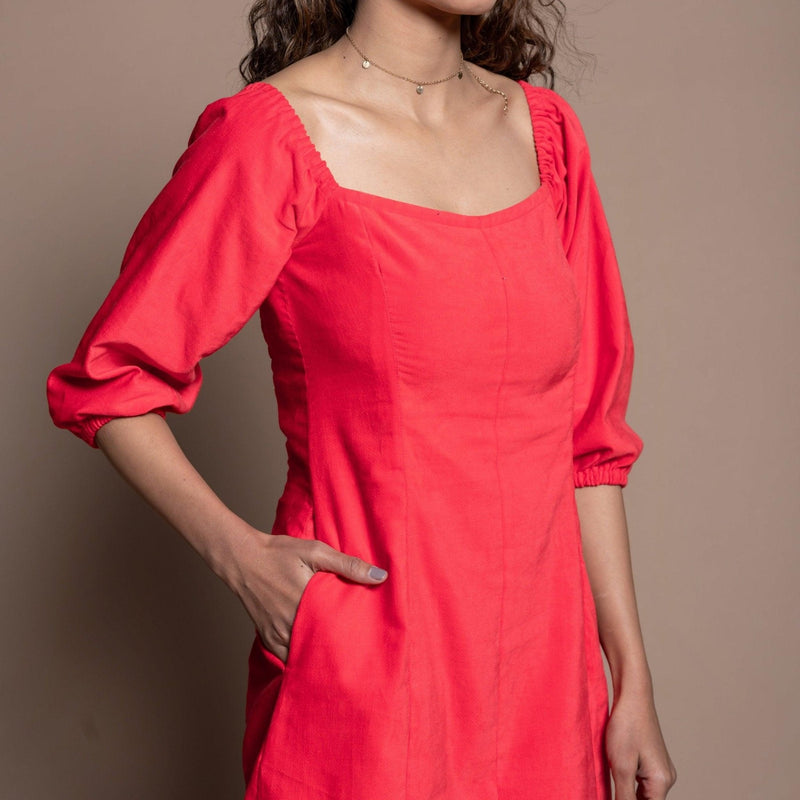 Front Detail of a Model wearing Red Cotton Velvet A-Line Panelled Dress