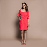 Front View of a Model wearing Red Cotton Velvet A-Line Panelled Dress