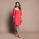 Front View of a Model wearing Red Cotton Velvet A-Line Panelled Dress