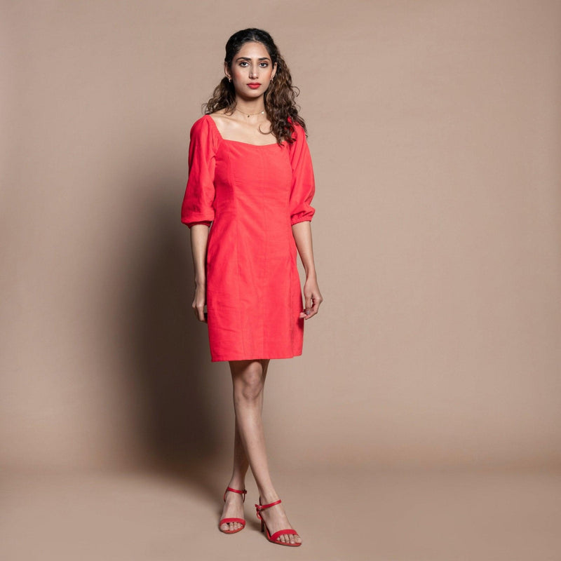 Front View of a Model wearing Red Cotton Velvet A-Line Panelled Dress