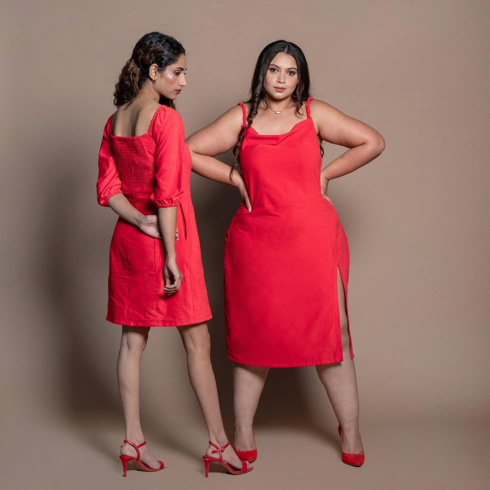 Red Cotton Velvet Sweetheart Neck Short Paneled Dress 28