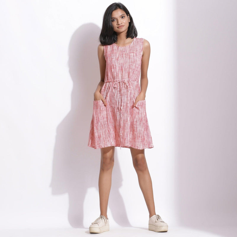 Front View of a Model wearing Red Crinkled Cotton Princess Line Short Dress