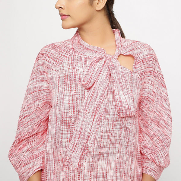 Front Detail of a Model wearing Red Crinkled Cotton Pussy Bow A-Line Blouse