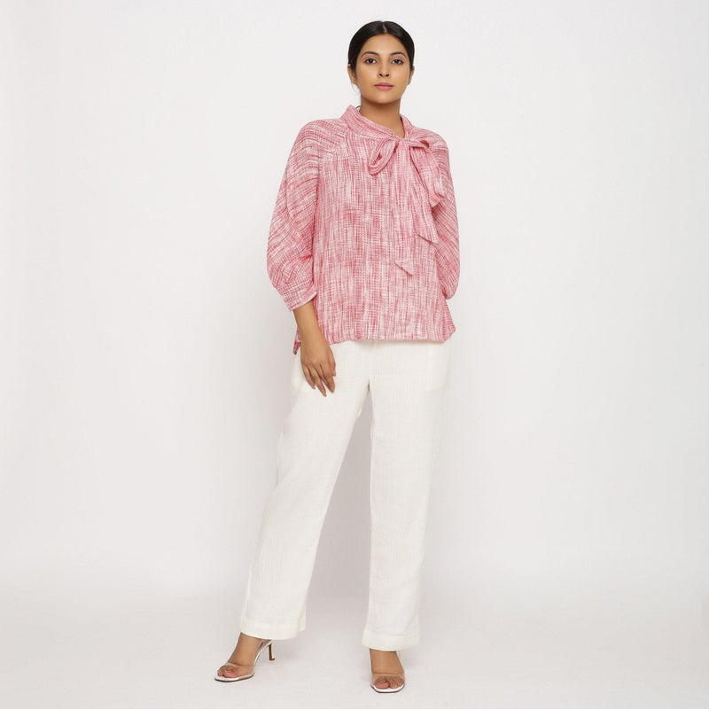 Front View of a Model wearing Red Crinkled Cotton Pussy Bow A-Line Blouse