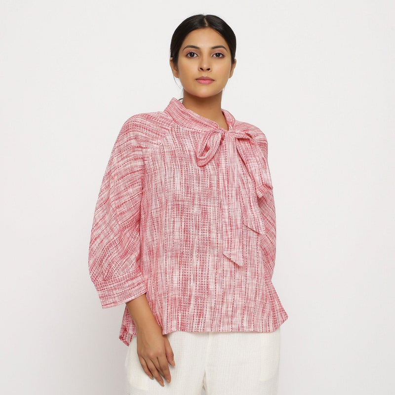 Front View of a Model wearing Red Crinkled Cotton Pussy Bow A-Line Blouse