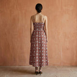 Red Floral Block Print Cotton Ankle Length Flared Sundress