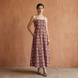 Red Floral Block Print Cotton Ankle Length Flared Sundress