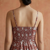 Red Floral Block Print Cotton Ankle Length Flared Sundress