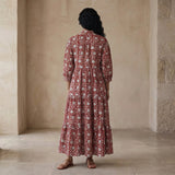 Red Floral Block Print Cotton Deep-V Maxi Tier Dress