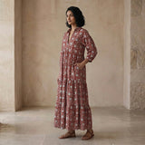 Red Floral Block Print Cotton Deep-V Maxi Tier Dress