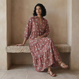 Red Floral Block Print Cotton Deep-V Maxi Tier Dress