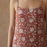 Red Floral Block Print Cotton Drop-Waist Camisole Maxi Tier Dress