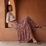 Red Floral Block Print Cotton Elasticated Maxi Tier Skirt