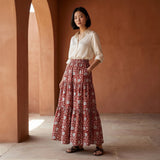 Red Floral Block Print Cotton Elasticated Maxi Tier Skirt