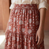 Red Floral Block Print Cotton Elasticated Maxi Tier Skirt