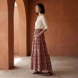 Red Floral Block Print Cotton Elasticated Maxi Tier Skirt