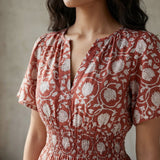 Red Floral Block Print Cotton Elasticated Short Tier Dress