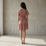 Red Floral Block Print Cotton Elasticated Short Tier Dress