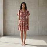 Red Floral Block Print Cotton Elasticated Short Tier Dress