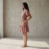 Red Floral Block Print Cotton Elasticated Short Tier Dress